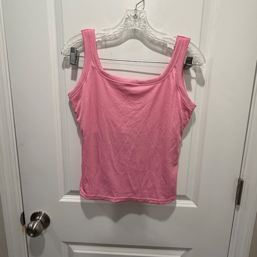 Unbranded Womens Tank Top Ribbed Built-in Shelf Bra Pink Large